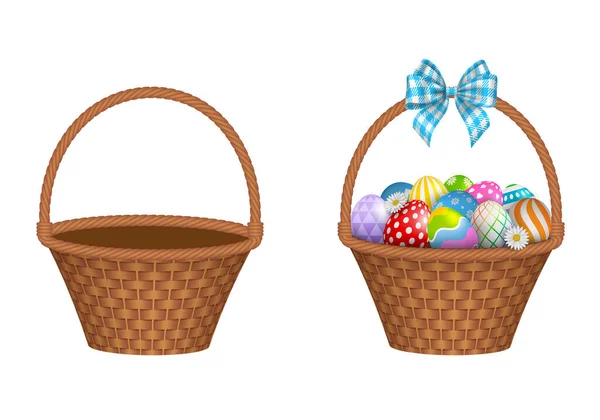 色鮮やかなイースターの卵と隔離された空のウィッカーバスケットとバスケット — ストックベクタ