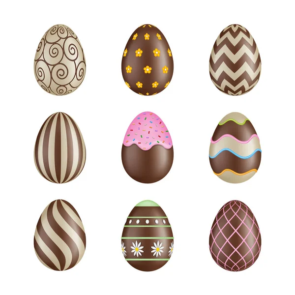 チョコレートの卵のセット カラフルな装飾が施されたイースターエッグ — ストックベクタ