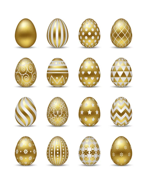 Set Isolated Gold Easter Eggs White Decorations — Stock Vector