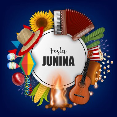 Brezilya Haziran Festivali arka planında Brezilya unsurlarıyla Festa junina posteri