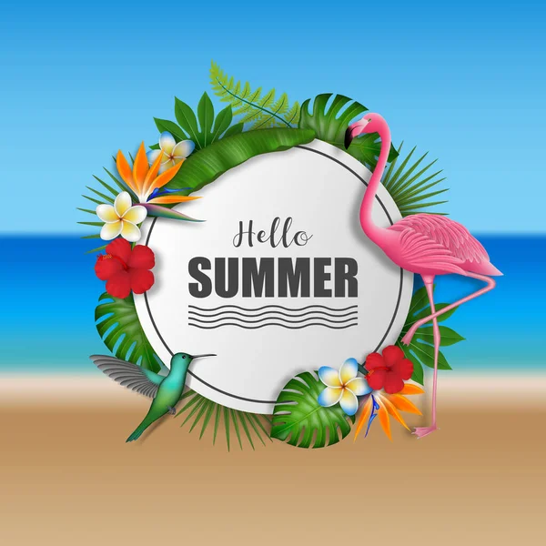 여름의 배경은 이국적 나뭇잎 분홍빛 플라밍고가 포스터 — 스톡 벡터