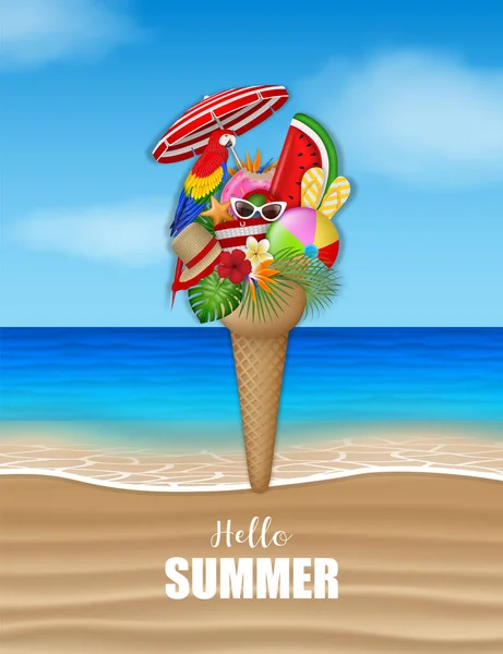 Привіт Літній Плакат Елементами Пляжу Формі Морозива Пляжному Фоні — стоковий вектор