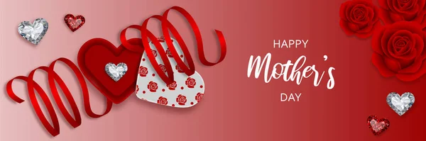 Fundo Dia Mãe Com Caixa Presente Fita Vermelha Rosas Diamantes — Vetor de Stock