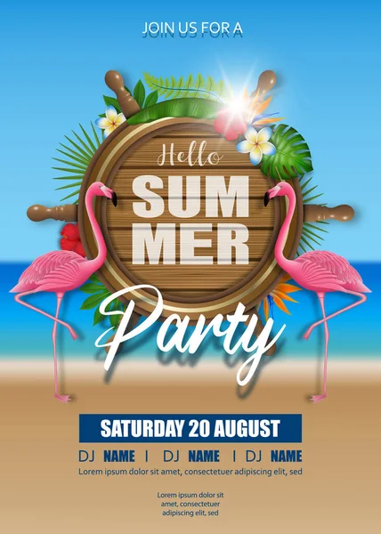 Hello Summer Party Poster Pink Flamingos Tropical Plants Beach Background — ストックベクタ