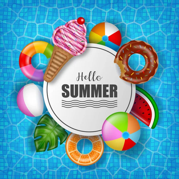 Summer Poster Colorful Inflatables Pool Water Background — Vector de stock