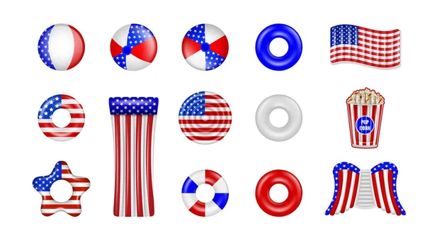 一套与美国国旗颜色隔离的游泳池充气设备 7月4日党的成员 — 图库矢量图片