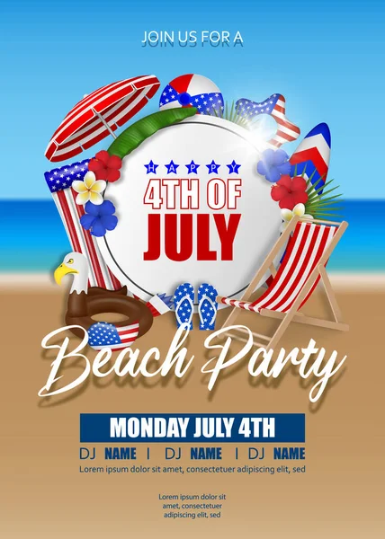 4Th July Poster Summer Elements Beach Background American Independence Beach — ストックベクタ