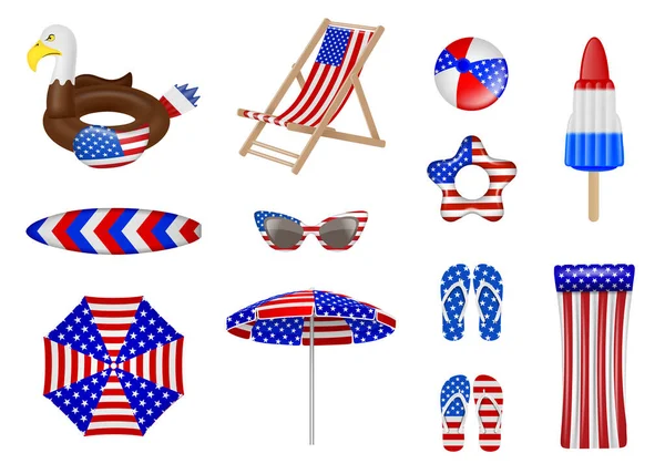 4Th July Beach Party Elements Set Isolated Summer Elements Usa — Stock Vector