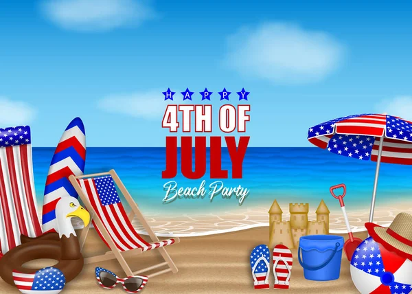 4Th July Poster Summer Elements Beach Background American Independence Beach — стоковый вектор