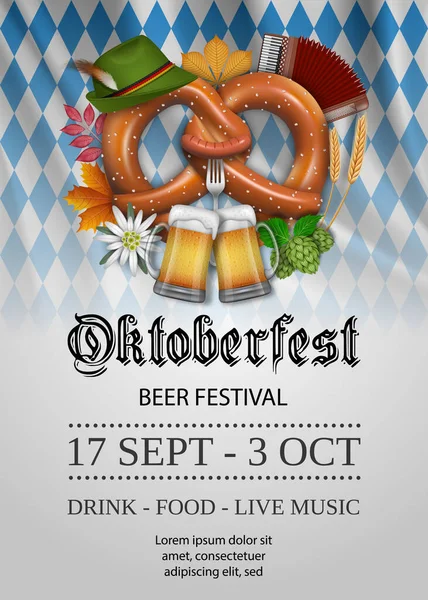 Oktoberfest Poszter Pereccel Sörös Bögrékkel Sörfesztivál Háttere — Stock Vector