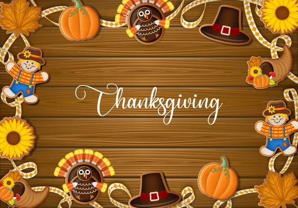 Thanksgiving Poster Gingerbread Cookies Ribbon Wooden Background — Stockový vektor