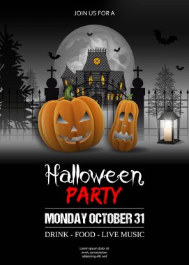 Halloween party poster with pumpkins and haunted house