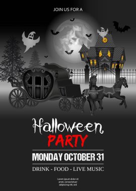 Halloween party poster with old carriage, ghosts, and haunted house