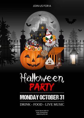 Halloween poster with pumpkin bucket and haunted house