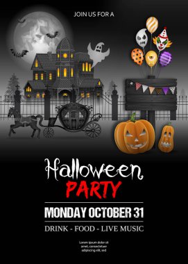 Halloween poster with haunted house, black carriage, colorful balloons and pumpkins