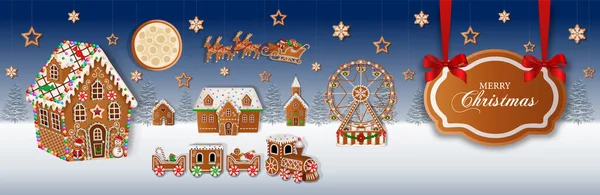 Christmas Banner Gingerbread Cookies Christmas Landscape Gingerbread House Train Ferris — Image vectorielle