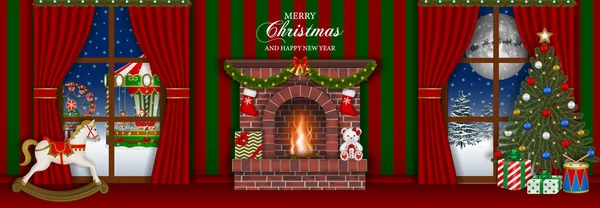 christmas banner. christmas interior with fireplace, toys and christmas tree.