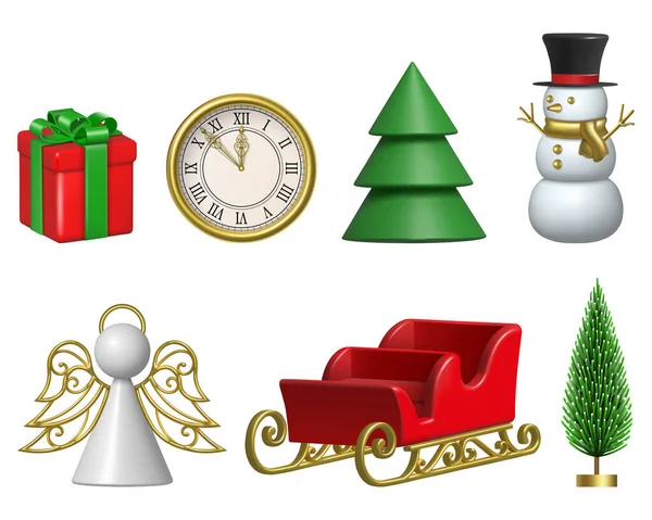 Sada Vánoční Prvků Kolekce Izolovaných Vánočních Dekorací Dárková Krabice Hodiny — Stockový vektor