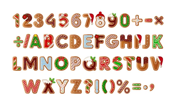 Alfabeto Gengibre Números Conjunto Biscoitos Gengibre Isolados Doces Natal — Vetor de Stock