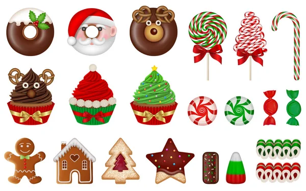 Zestaw Odosobnionych Świątecznych Słodyczy Kolekcja Świątecznych Babeczek Pączków Ciasteczek Cukierków — Wektor stockowy
