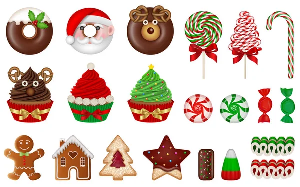 İzole edilmiş Noel tatlısı seti. Noel çörekleri, çörekler, kurabiyeler ve şekerler koleksiyonu