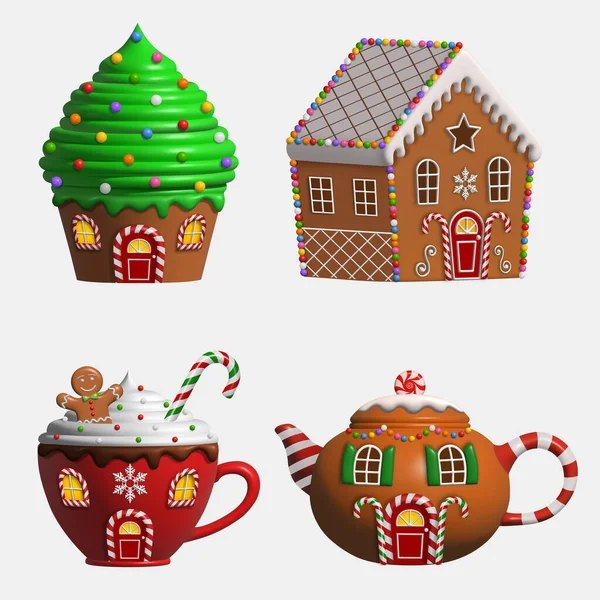 Ensemble Bonbons Éléments Paysage Maisons Fantaisie Noël Isolées — Image vectorielle