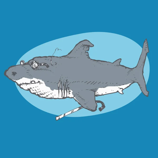 Velho Tubarão Nadando Com Bengala Desenho Animado Estilo Engraçado Ilustração Vetor De Stock