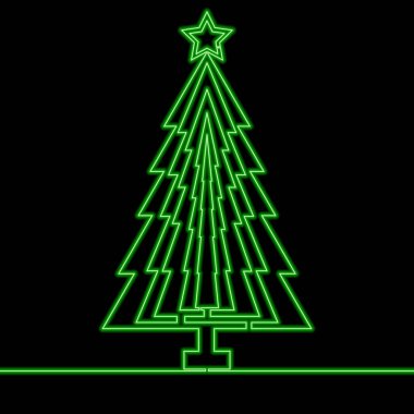 Aralıksız tek bir çizgi Parlak Noel ağacı ikonu neon ışıklı vektör illüstrasyon kavramını çiziyor