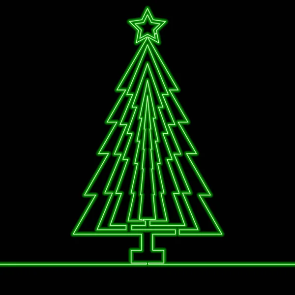 Continuous One Single Line Drawing Shiny Christmas Tree Icon Neon — Stock Vector