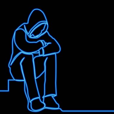 Aralıksız tek bir satır zihin üzerine hüzünlü çizer yalnızlık ikonu neon ışıklı vektör illüstrasyon kavramı