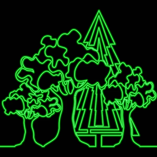 Kontinuierliche Eine Einzige Linie Zeichnung Bäume Wald Wald Ikone Neon — Stockvektor