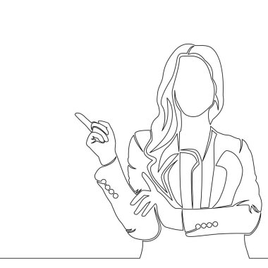 Sürekli tek bir satır çizerek genç iş kadını bir şey gösteriyor ya da ikon vektör illüstrasyon kavramı sunuyor
