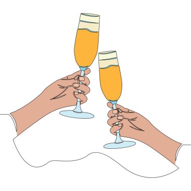 Düz renkli aralıksız sanat çizimi Cheers, iki bardak şampanya ellerinde ikon vektör çizimi konsepti