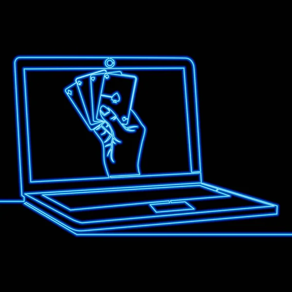 Ciągły Jeden Rysunek Linii Online Poker Kasyno Ikona Neon Blask — Wektor stockowy