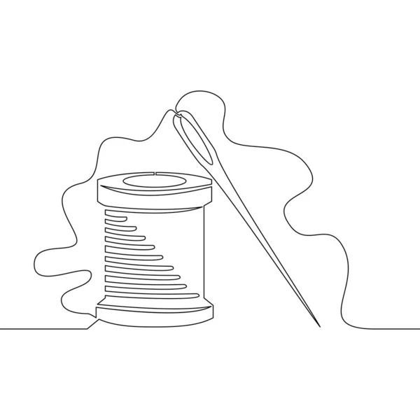 Kontinuierliche Eine Einzige Linie Zeichnung Nähnadel Mit Fadenspule Schneidersymbole Vektor — Stockvektor
