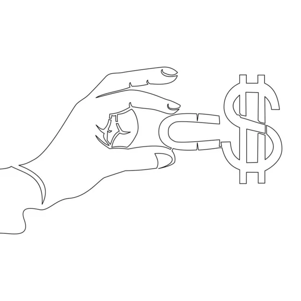 Desenho Contínuo Uma Única Linha Mão Segurando Ímã Atraindo Dinheiro — Vetor de Stock