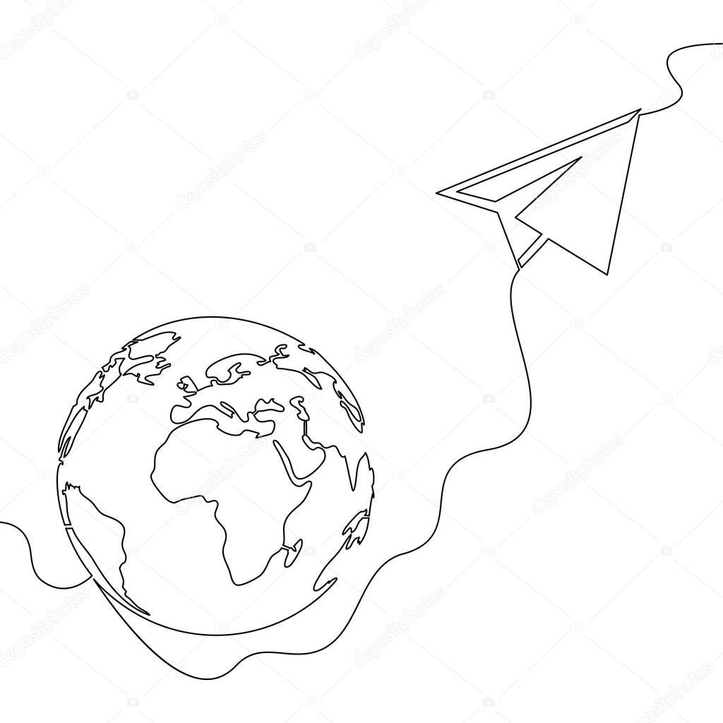 Continuous one single line drawing Globe with paper plane icon vector illustration concept