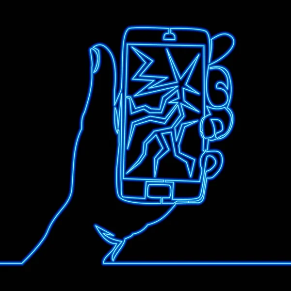Nepřetržitý Jednořádkový Výkres Smartphone Rozbitou Ikonou Obrazovky Neonové Světlo Vektorové — Stockový vektor
