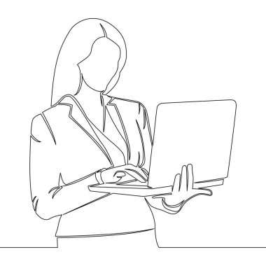 Dizüstü bilgisayar ikonu vektör illüstrasyon konsepti üzerinde çalışan iş kadını çizimi