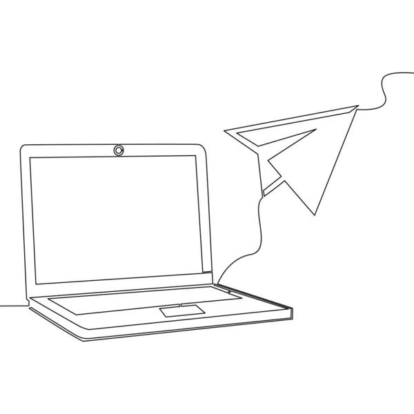 Kontinuierliche Eine Einzige Linie Zeichnung Laptop Computer Mit Papier Ebene — Stockvektor