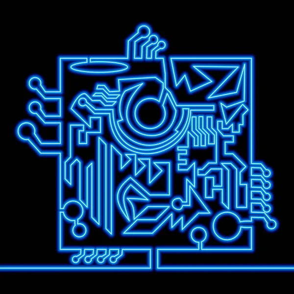 Kontinu Satu Baris Menggambar Cpu Microchip Komputasi Ikon Prosesor Neon - Stok Vektor