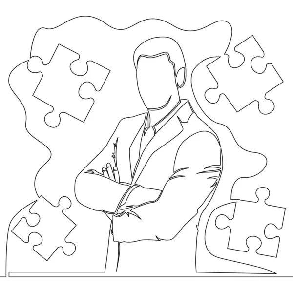Continuous One Single Line Drawing Businessman Solves Puzzle Icon Vector — Vetor de Stock
