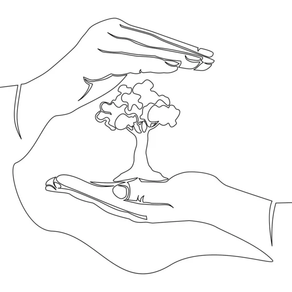 Kontinuierliche Eine Einzige Linie Zeichnen Handflächen Zusammen Mit Baum Symbol — Stockvektor