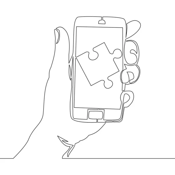 Continuous One Single Line Drawing Puzzle Piece Smartphone Screen Icon — Vetor de Stock