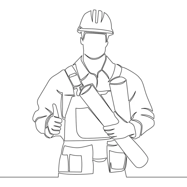 Contínuo Uma Única Linha Desenho Handyman Construtor Usando Capacete Polegares —  Vetores de Stock