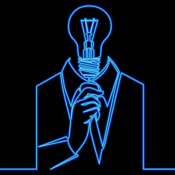 連続一本の線画ビジネスマン電球頭グッドアイデアアイコンネオングローベクトルイラストコンセプト — ストックベクタ