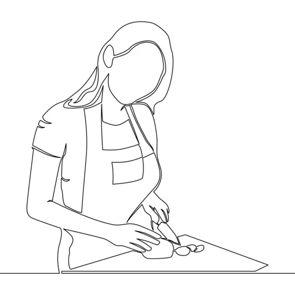 Постоянная Одна Линия Рисунок Женщина Домохозяйка Кулинарное Хобби Девушка Приготовления — стоковый вектор