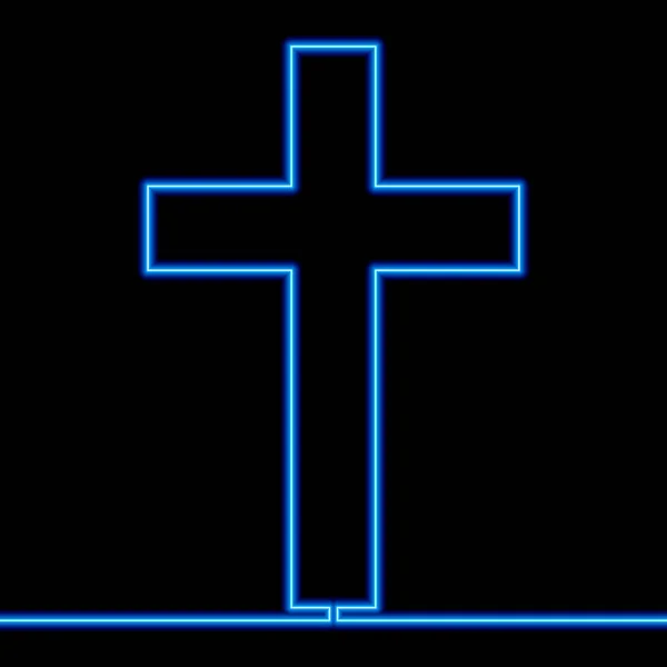 Continuo Una Singola Linea Disegno Croce Icona Cristianesimo Neon Bagliore — Vettoriale Stock