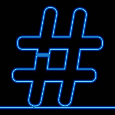 Sürekli tek bir satır Hashtag sembolü simgesi neon ışıklı vektör illüstrasyon kavramını çizer