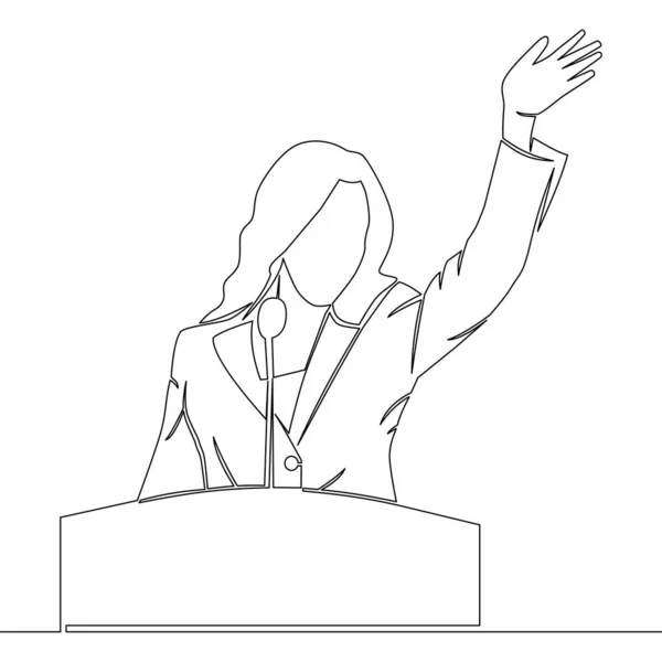 Continuous One Single Line Drawing Politician Woman Standing Rostrum Giving — Stock vektor